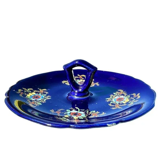 Vintage Cobalt Blue Porcelain Handled Serving Tray - Made in Japan - Picture 1 of 6